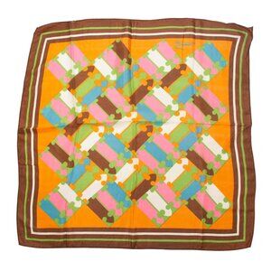 Vintage Simone 16" Square Geometric Silk Scarf With Bold Orange Multicolor Desig